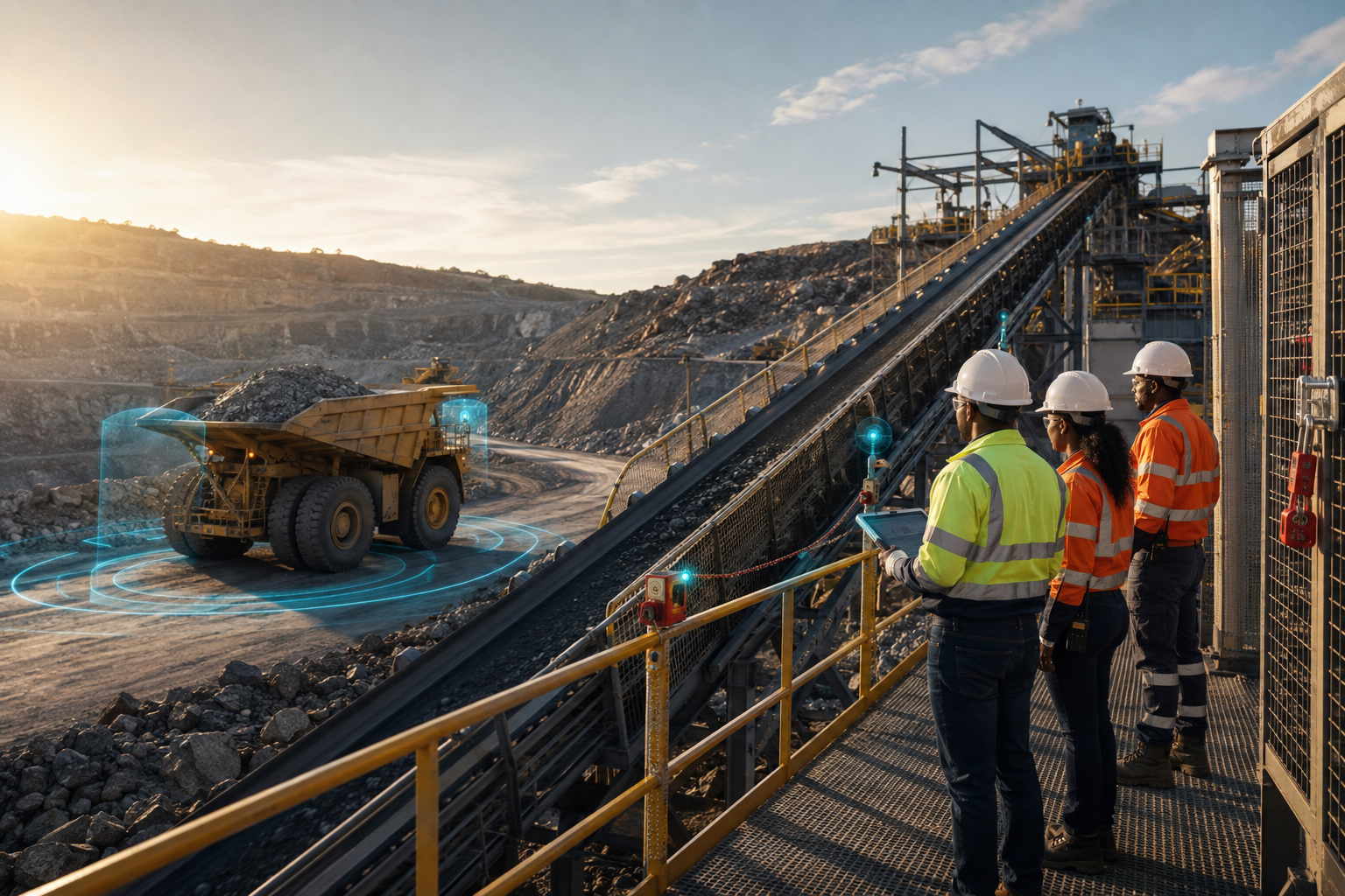 Mining professionals observing haul-road and conveyor controls supported by proximity detection and error-proofing safeguards